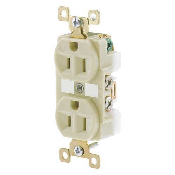 Receptacle, 15 A Amps, 125V AC, Flush Mount, Standard Duplex Outlet, 5-15R, Ivory