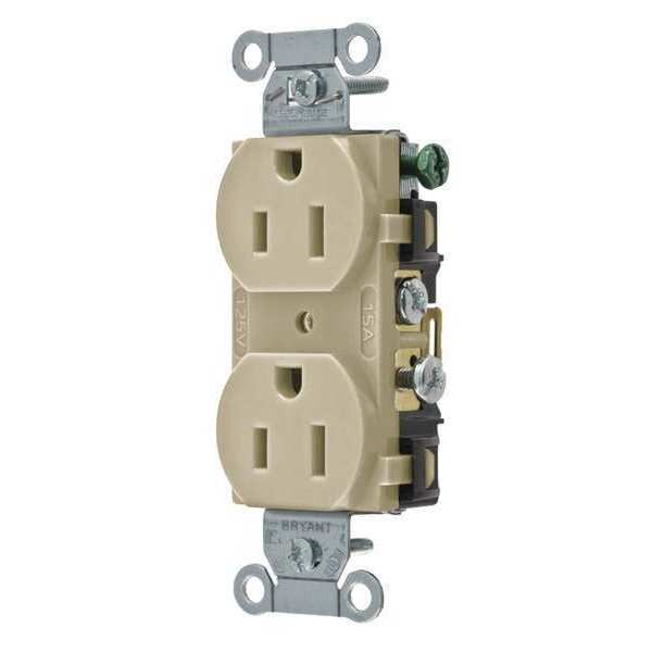 Receptacle, 15 A Amps, 125V AC, Flush Mount, Standard Duplex Outlet, 5-15R, Ivory