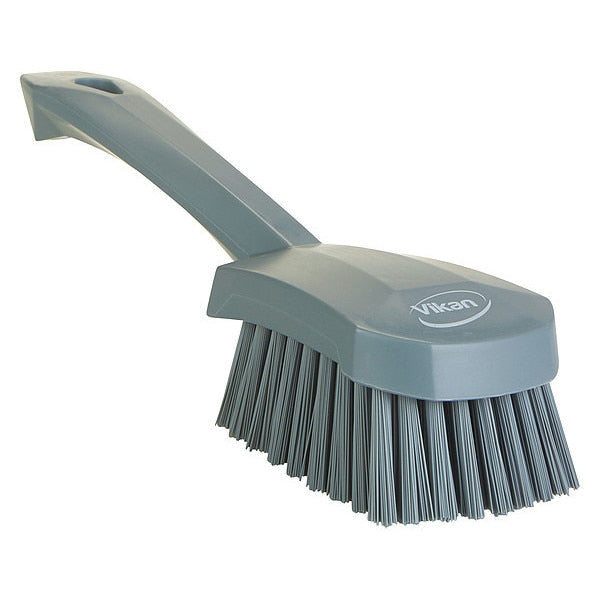 3 in W Scrub Brush, Stiff, 5 57/64 in L Handle, 4 1/2 in L Brush, Gray, Plastic, 10 in L Overall