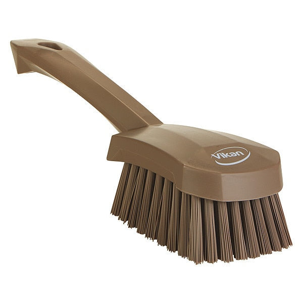 3 in W Scrub Brush, Stiff, 5 57/64 in L Handle, 4 1/2 in L Brush, Brown, Plastic, 10 in L Overall