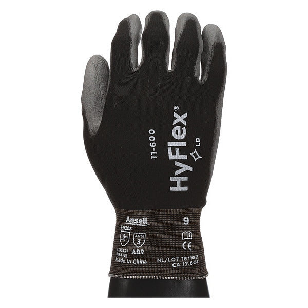 Polyurethane Coated Gloves, Palm Coverage, Black, 6, PR