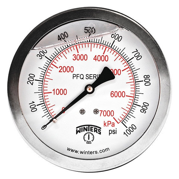 Pressure Gauge, 0 to 1000 psi, 1/4 in MNPT, Silver