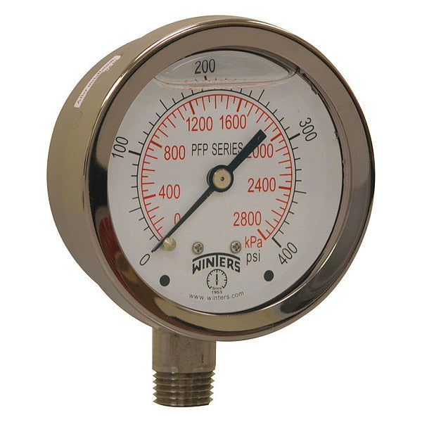 Pressure Gauge, 0 to 400 psi, 1/4 in MNPT, Silver