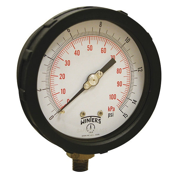Pressure Gauge, 0 to 15 psi, 1/4 in MNPT, Black