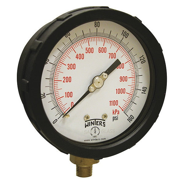 Pressure Gauge, 0 to 160 psi, 1/4 in MNPT, Yellow