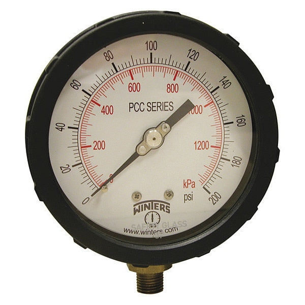 Pressure Gauge, 0 to 200 psi, 1/4 in MNPT, Black