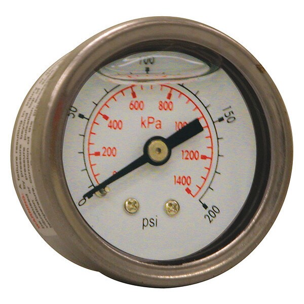 Pressure Gauge, 0 to 200 psi, 1/8 in MNPT, Silver