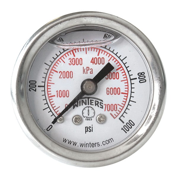 Pressure Gauge, 0 to 1000 psi, 1/8 in MNPT, Silver