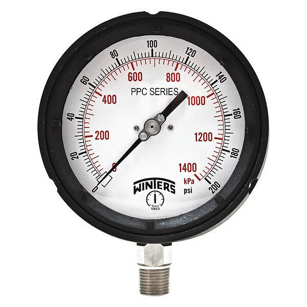 Pressure Gauge, 0 to 200 psi, 1/2 in MNPT, Black