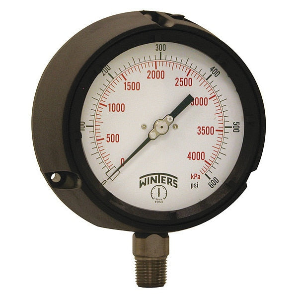 Pressure Gauge, 0 to 600 psi, 1/2 in MNPT, Black