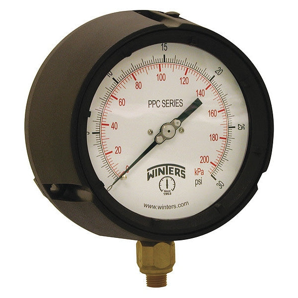 Pressure Gauge, 0 to 30 psi, 1/4 in MNPT, Black