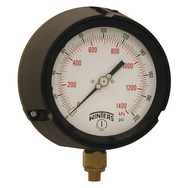 Pressure Gauge, 0 to 200 psi, 1/4 in MNPT, Black