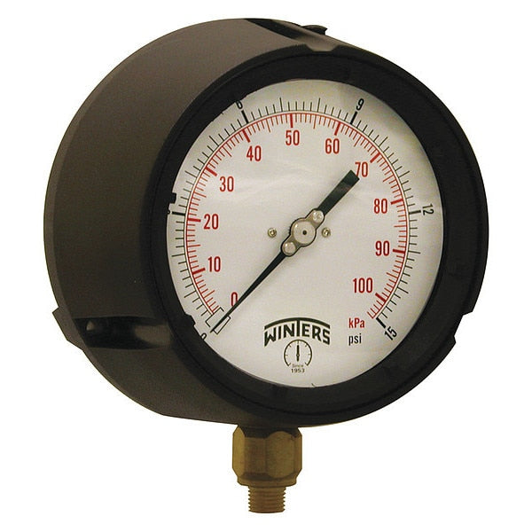 Pressure Gauge, 0 to 15 psi, 1/4 in MNPT, Black