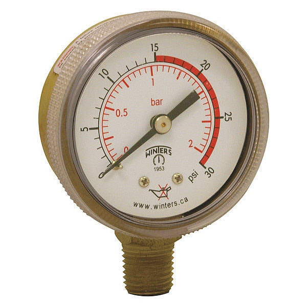 Pressure Gauge, 0 to 30 psi, 1/4 in MNPT, Brass