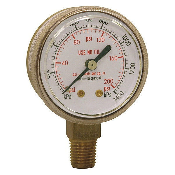 Pressure Gauge, 0 to 200 psi, 1/4 in MNPT, Brass