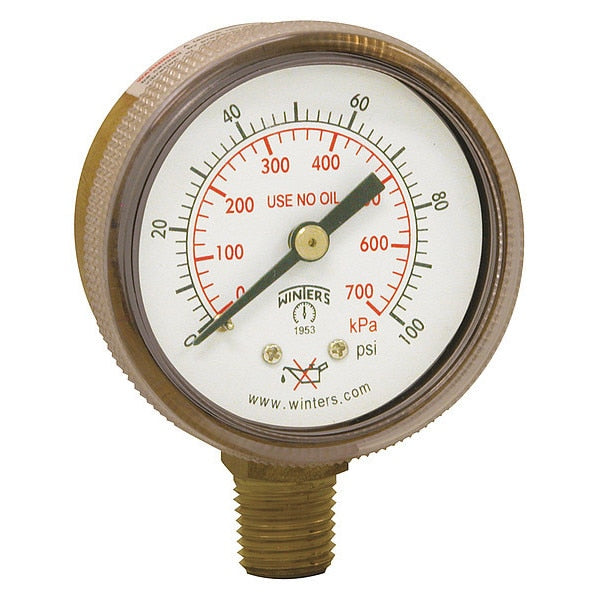 Pressure Gauge, 0 to 100 psi, 1/4 in MNPT