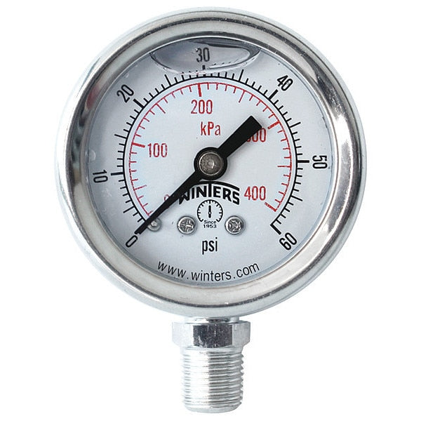 Pressure Gauge, 0 to 60 psi, 1/8 in MNPT, Silver