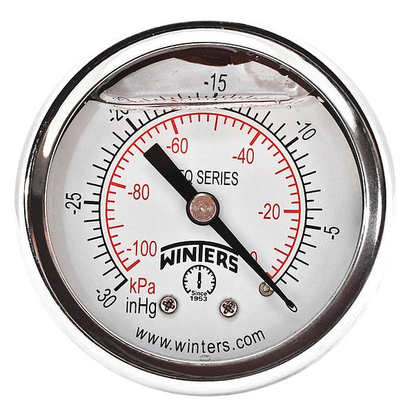 Vacuum Gauge, -30 to 0 in Hg, 1/4 in MNPT, Silver
