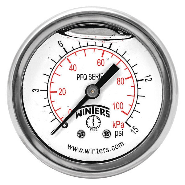 Pressure Gauge, 0 to 15 psi, 1/4 in MNPT, Silver