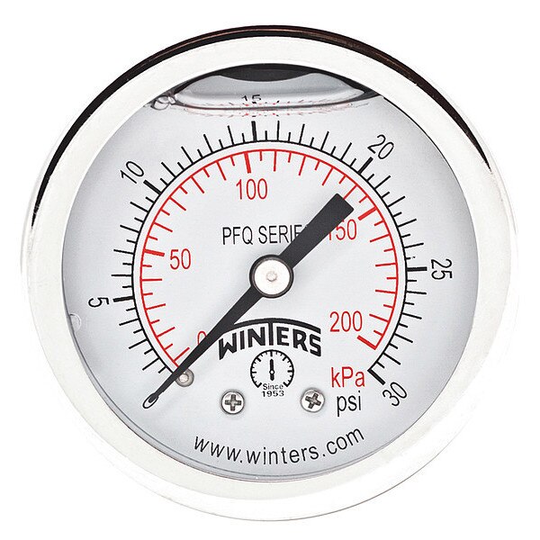 Pressure Gauge, 0 to 30 psi, 1/4 in MNPT, Silver