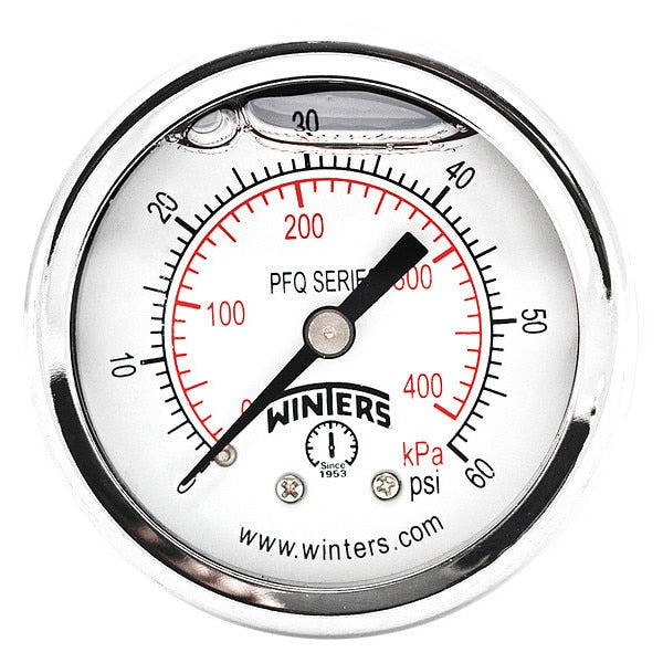 Pressure Gauge, 0 to 60 psi, 1/4 in MNPT, Silver