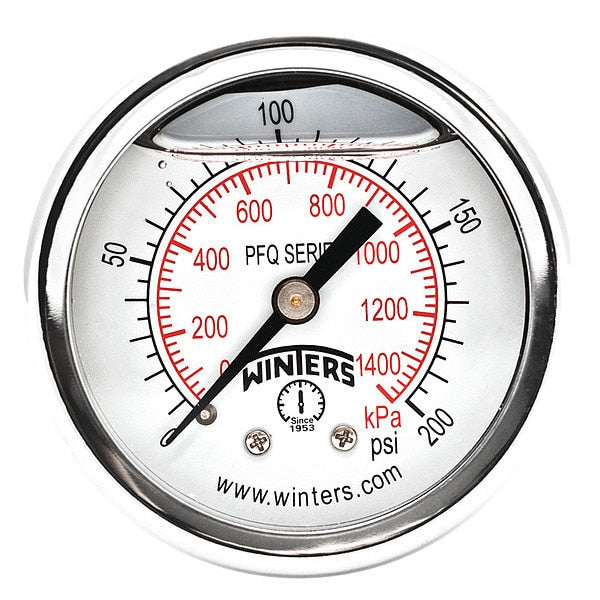 Pressure Gauge, 0 to 200 psi, 1/4 in MNPT, Silver