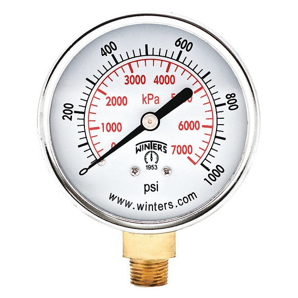 Pressure Gauge, 0 to 1000 psi, 1/4 in MNPT, Black
