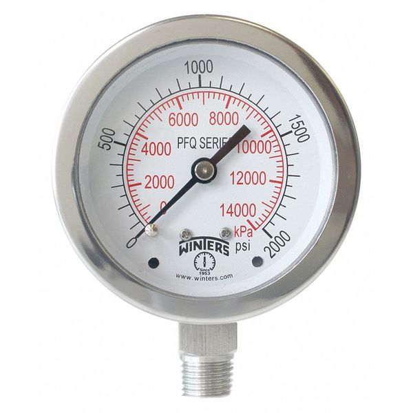 Pressure Gauge, 0 to 2000 psi, 1/4 in MNPT, Silver
