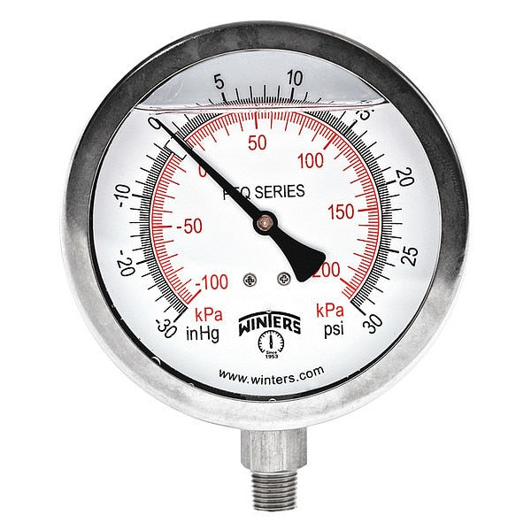 Compound Gauge, -30 to 0 to 30 psi, 1/4 in MNPT, Silver