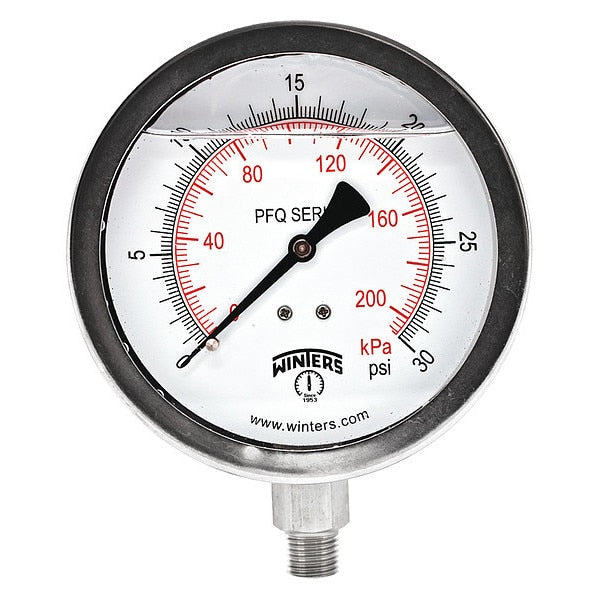 Pressure Gauge, 0 to 30 psi, 1/4 in MNPT, Silver