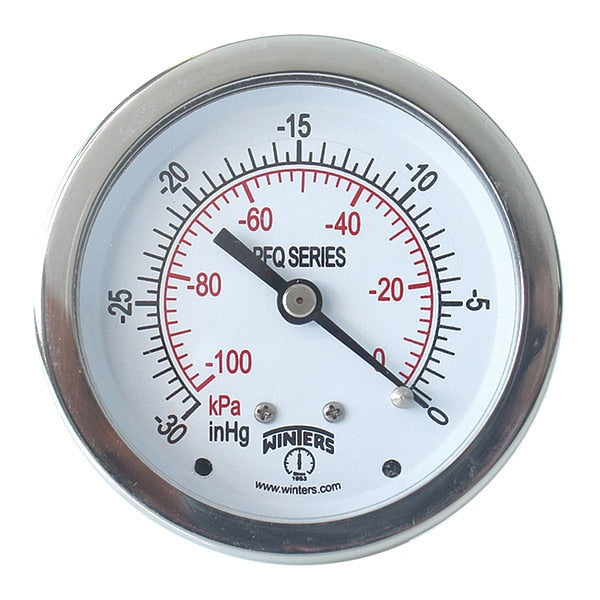 Vacuum Gauge, -30 to 0 in Hg, 1/4 in MNPT, Silver
