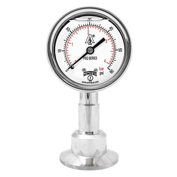 Pressure Gauge, 0 to 100 psi, 1 1/2 in Triclamp, Silver