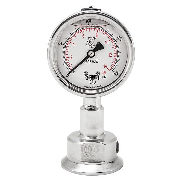 Pressure Gauge, 0 to 200 psi, 1 1/2 in Triclamp, Silver