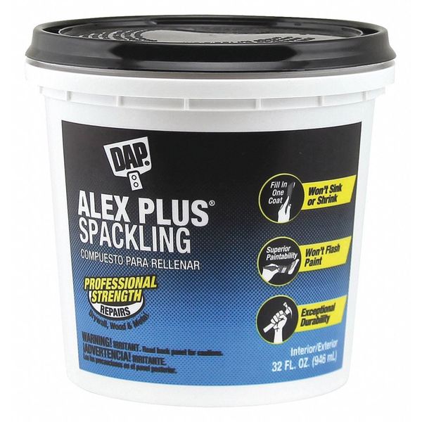 Spackling Paste, 32 oz, Pail, White, Alex Plus