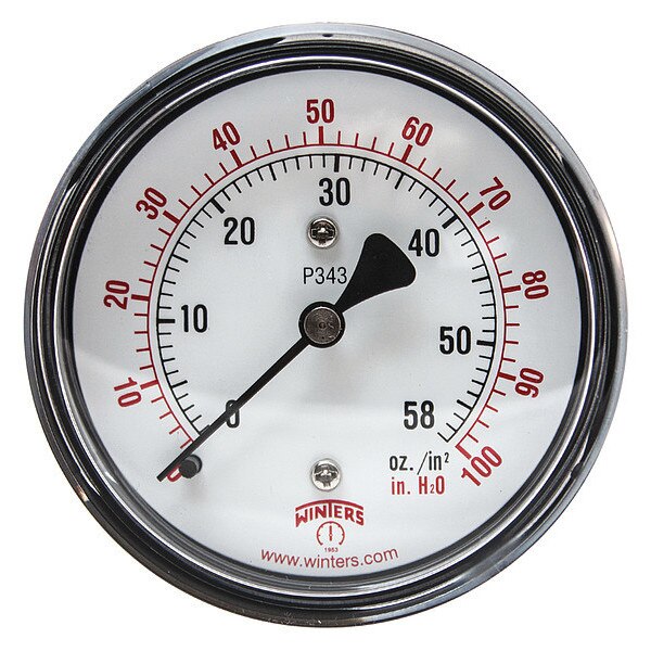 Pressure Gauge, 0 to 100 in wc, 1/4 in MNPT, Black