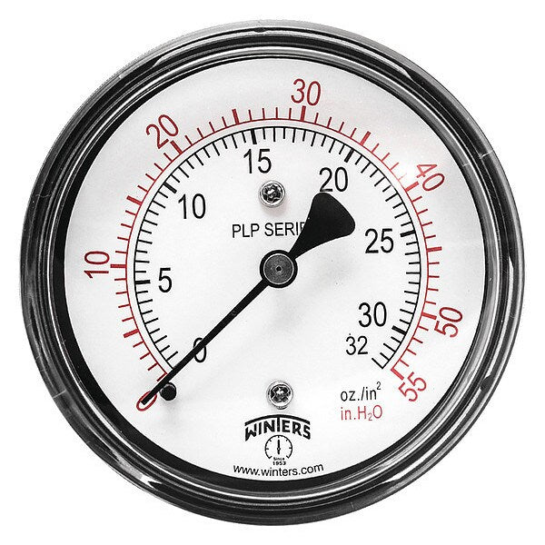 Pressure Gauge, 0 to 55 in wc, 1/4 in MNPT, Black
