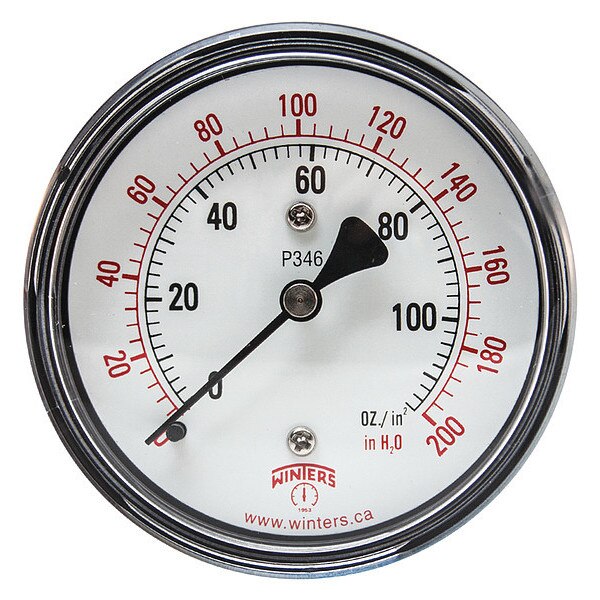 Pressure Gauge, 0 to 200 in wc, 1/4 in MNPT, Black
