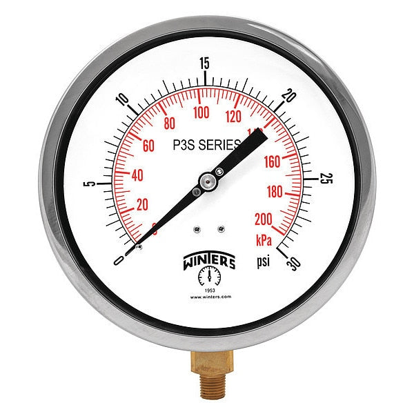 Pressure Gauge, 0 to 30 psi, 1/4 in MNPT, Black