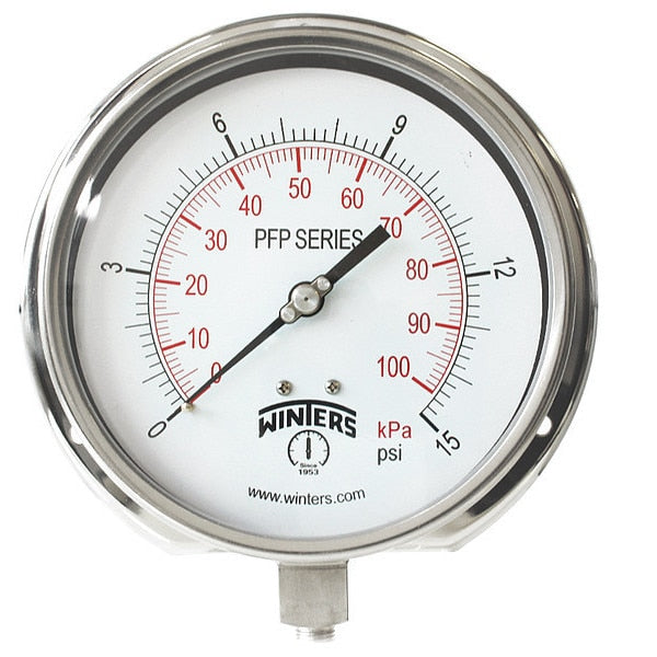 Pressure Gauge, 0 to 15 psi, 1/4 in MNPT, Silver