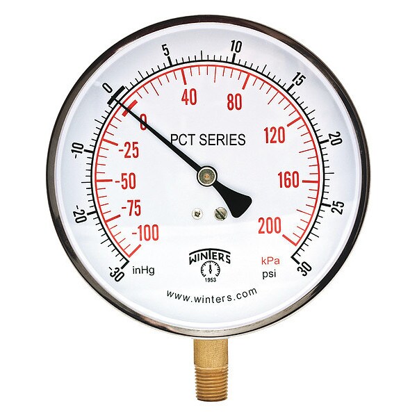 Compound Gauge, -30 to 0 to 30 psi, 1/4 in MNPT, Silver