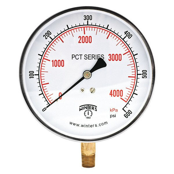 Pressure Gauge, 0 to 600 psi, 1/4 in MNPT, Silver