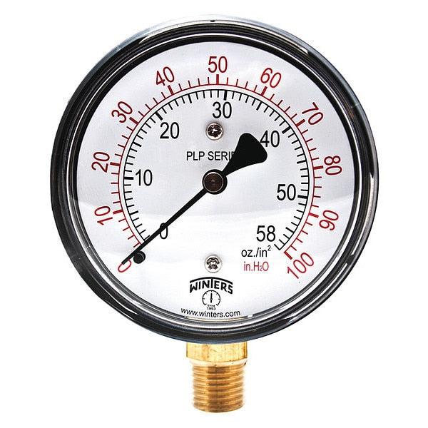 Pressure Gauge, 0 to 100 in wc, 1/4 in MNPT, Black