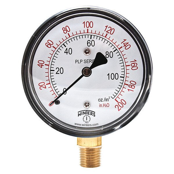 Pressure Gauge, 0 to 200 in wc, 1/4 in MNPT, Black