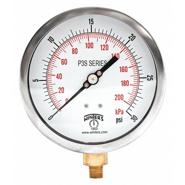 Pressure Gauge, 0 to 30 psi, 1/4 in MNPT, Black