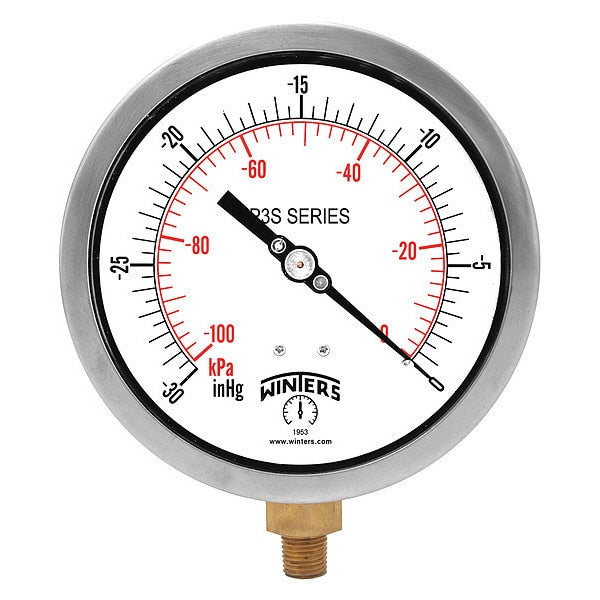 Vacuum Gauge, -30 to 0 in Hg, 1/4 in MNPT, Black