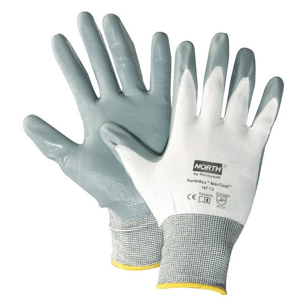 Nitrile Coated Gloves, Palm Coverage, White/Gray, 9, PR