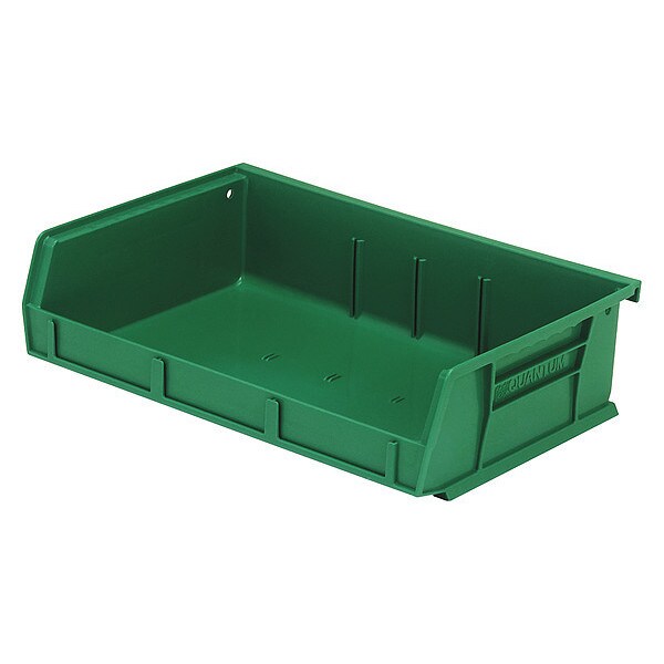 Hang & Stack Storage Bin, Green, polypropylene, 7 3/8 in L x 11 in W x 3 in H, 65 lb Load Capacity