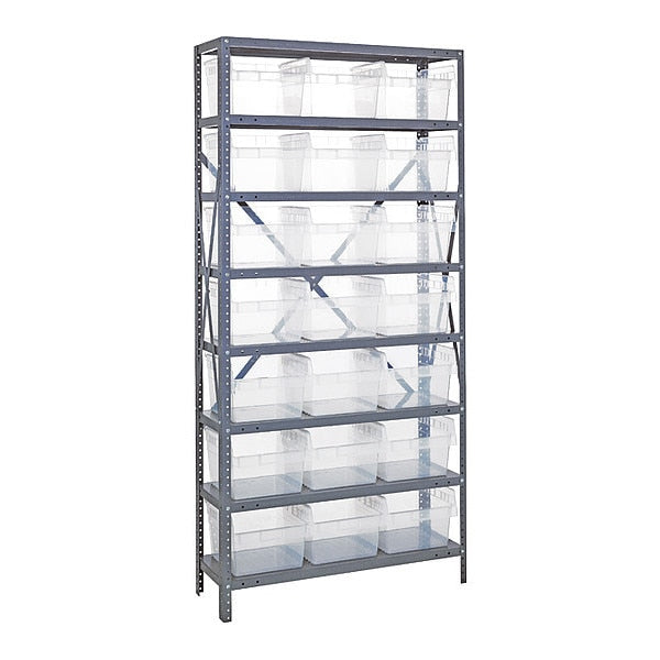 Steel Bin Shelving, 36 in W x 75 in H x 12 in D, 8 Shelves, Clear