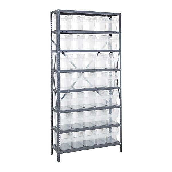 Steel Bin Shelving, 36 in W x 75 in H x 12 in D, 8 Shelves, Clear