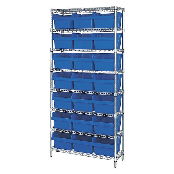 Steel Bin Shelving, 12 in W x 74 in H x 36 in D, 8 Shelves, Blue